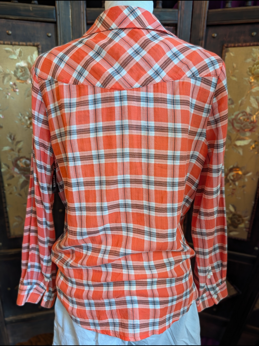Joie Coral and White Plaid Button Down Top Small S Long Sleeves Casual Bright - Picture 4 of 10